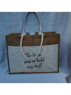 Wedding day‎ tote Bag.Natural jute tote bag with a white canvas front pocket